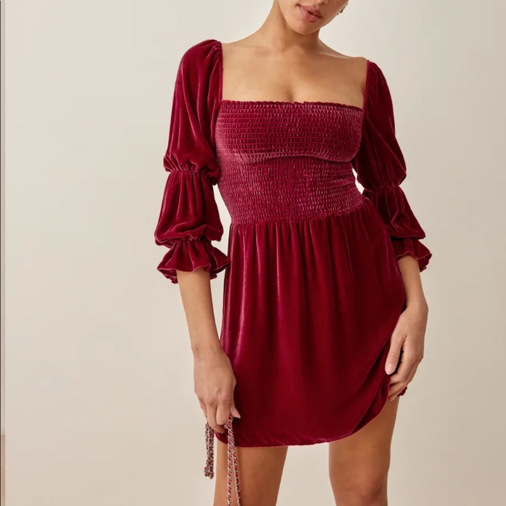 Reformation Albi Velvet Dress Crimson - Picture 2 of 8